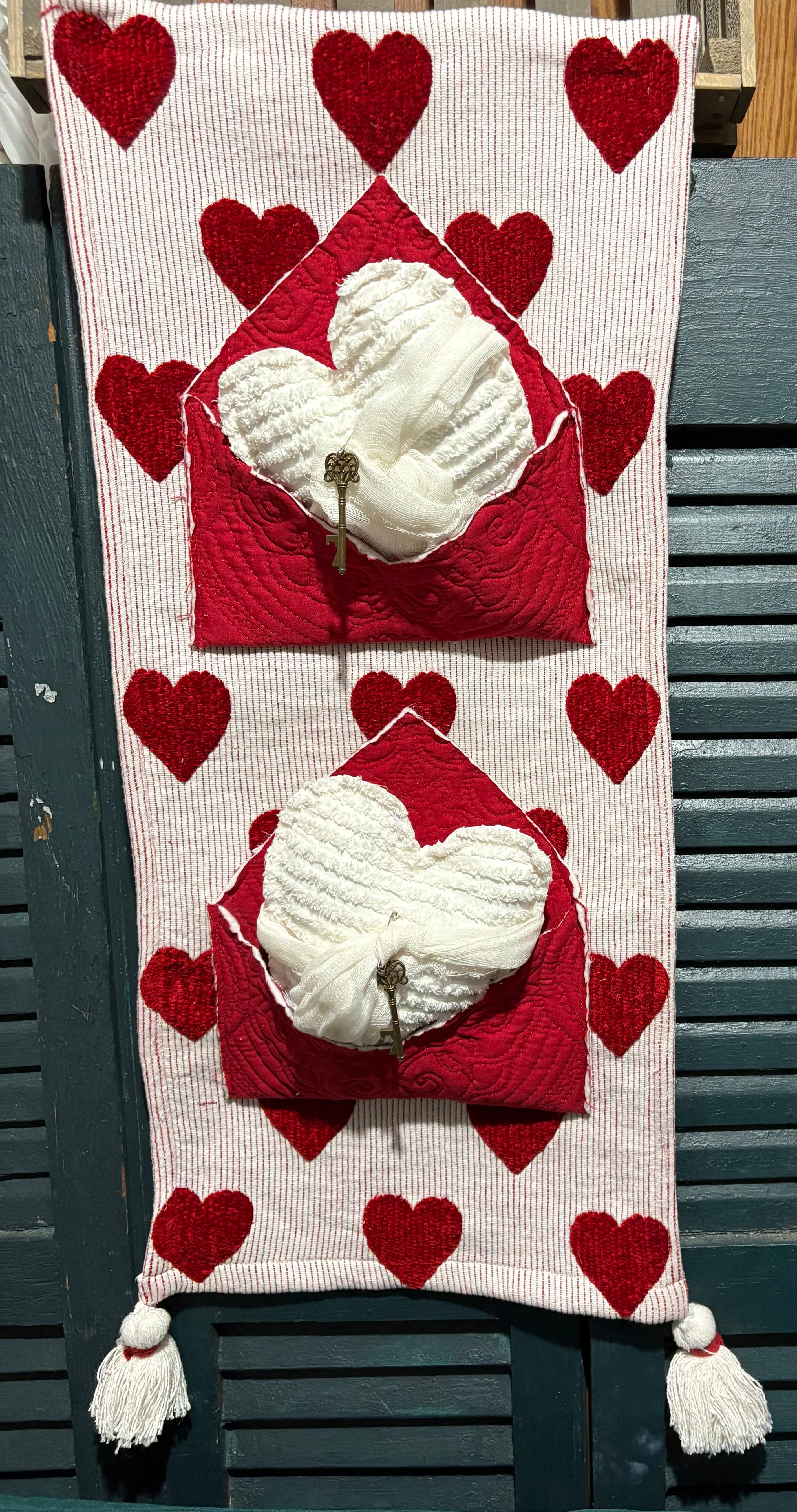 Valentines Fuzzy Hearts Repurposed Wall Banner 31” x 13.5”