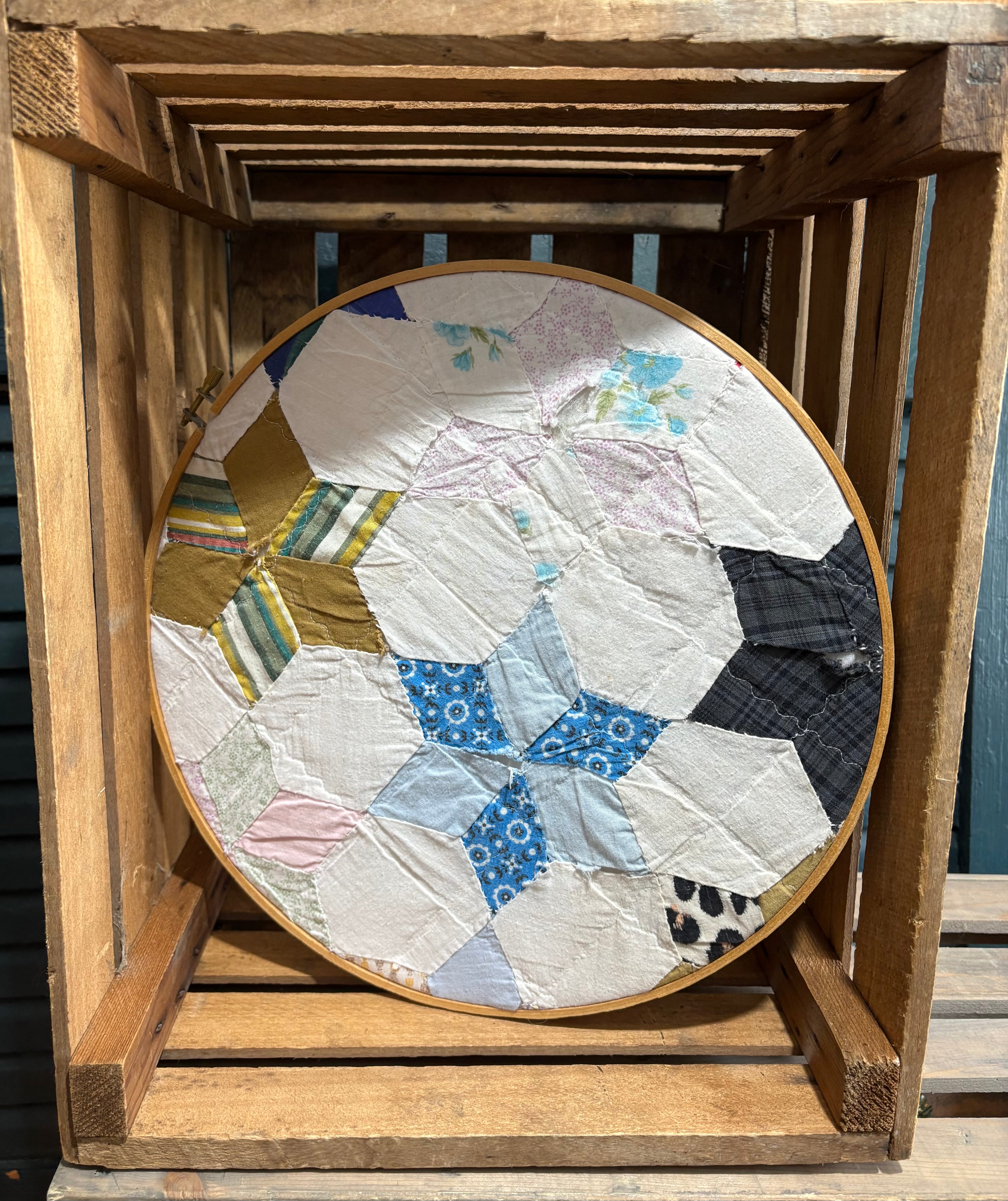 Vintage Patchwork Quilt Piece Wood Hoop
