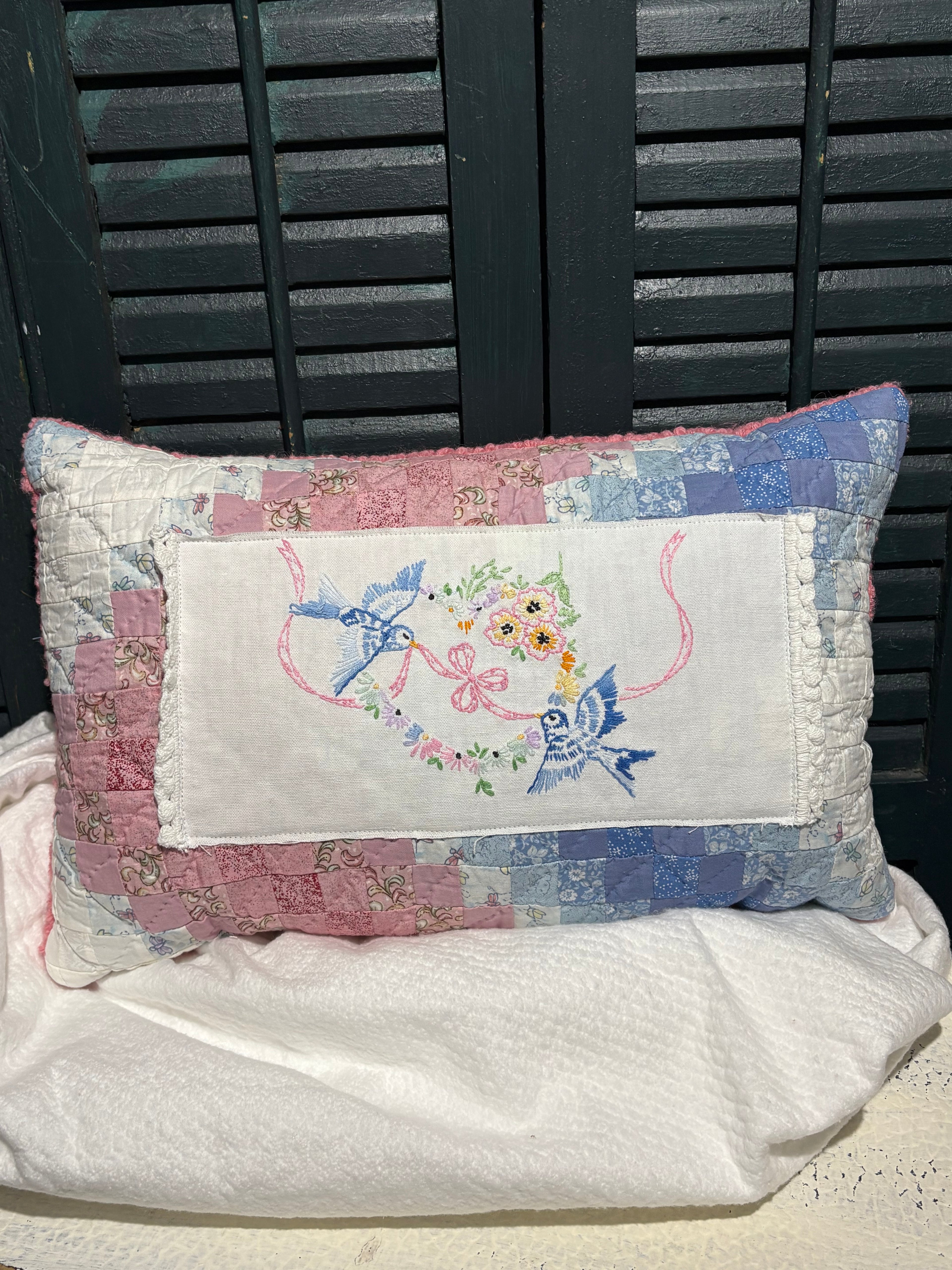 Vintage Quilt Embroidery Birds Pillow