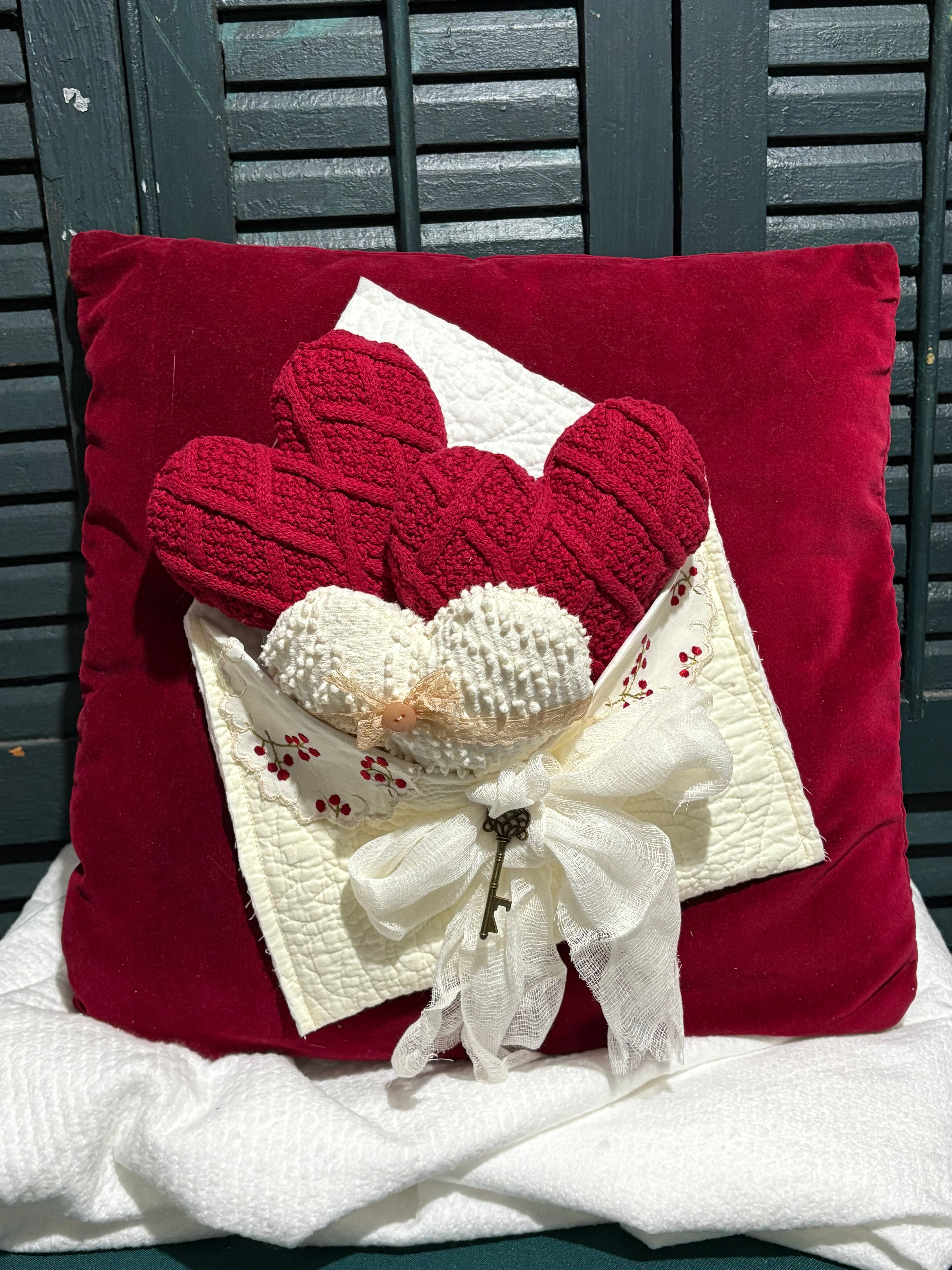 18” Valentines Velveteen Sweater Chenille Hearts Pillow