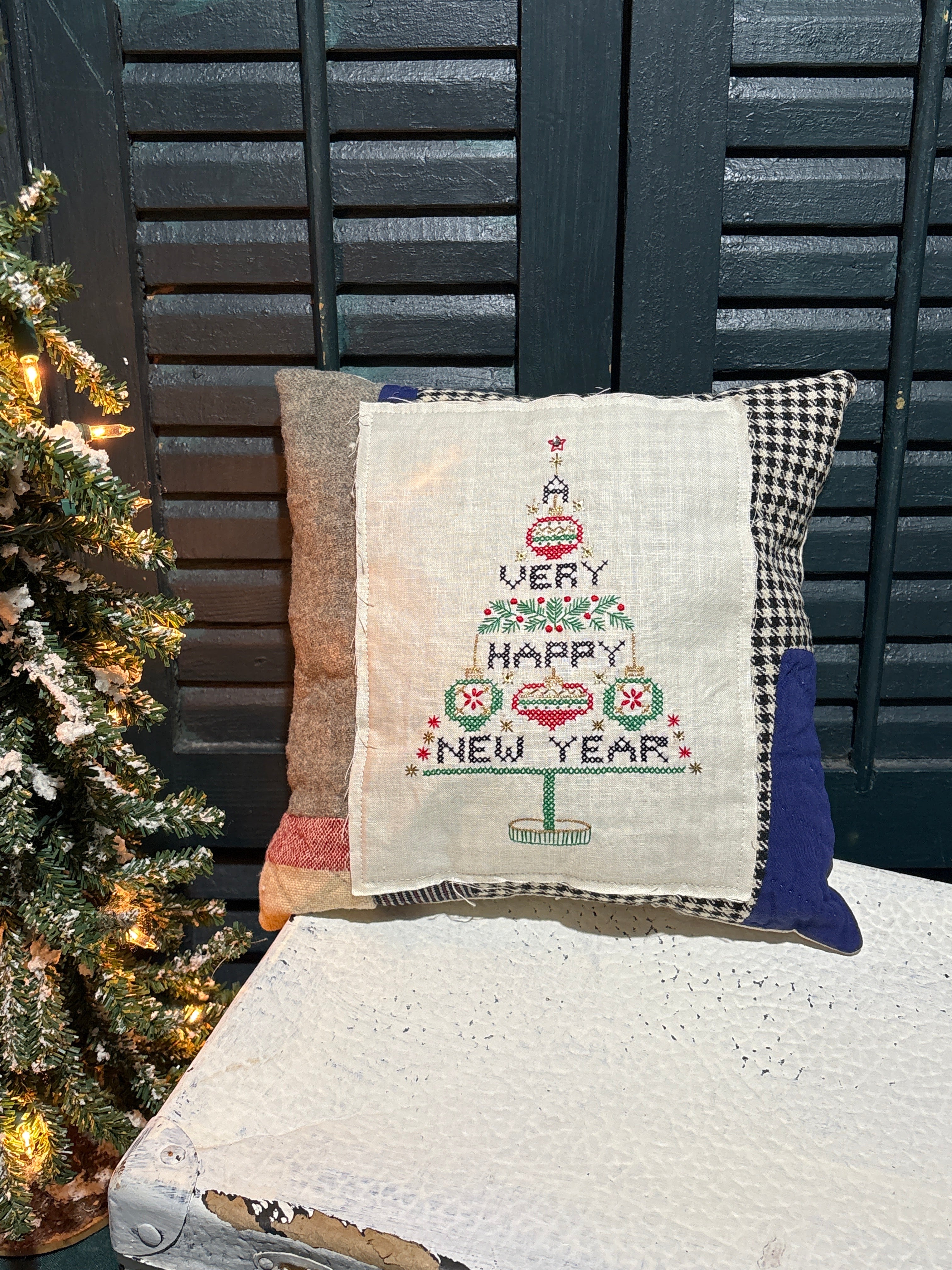 Repurposed Quilt Pillow Happy New Year Cross Stitch