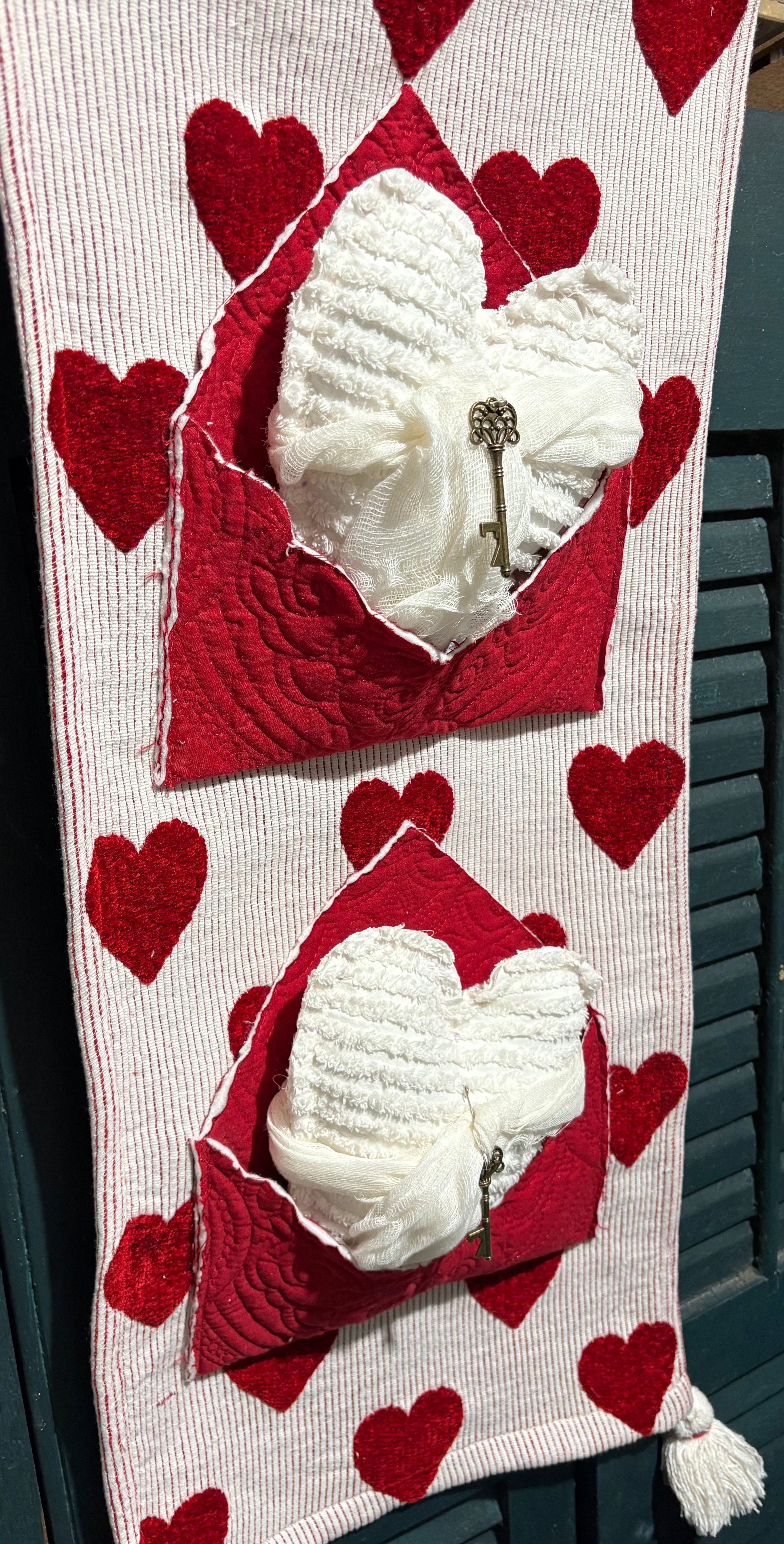 Valentines Fuzzy Hearts Repurposed Wall Banner 31” x 13.5”