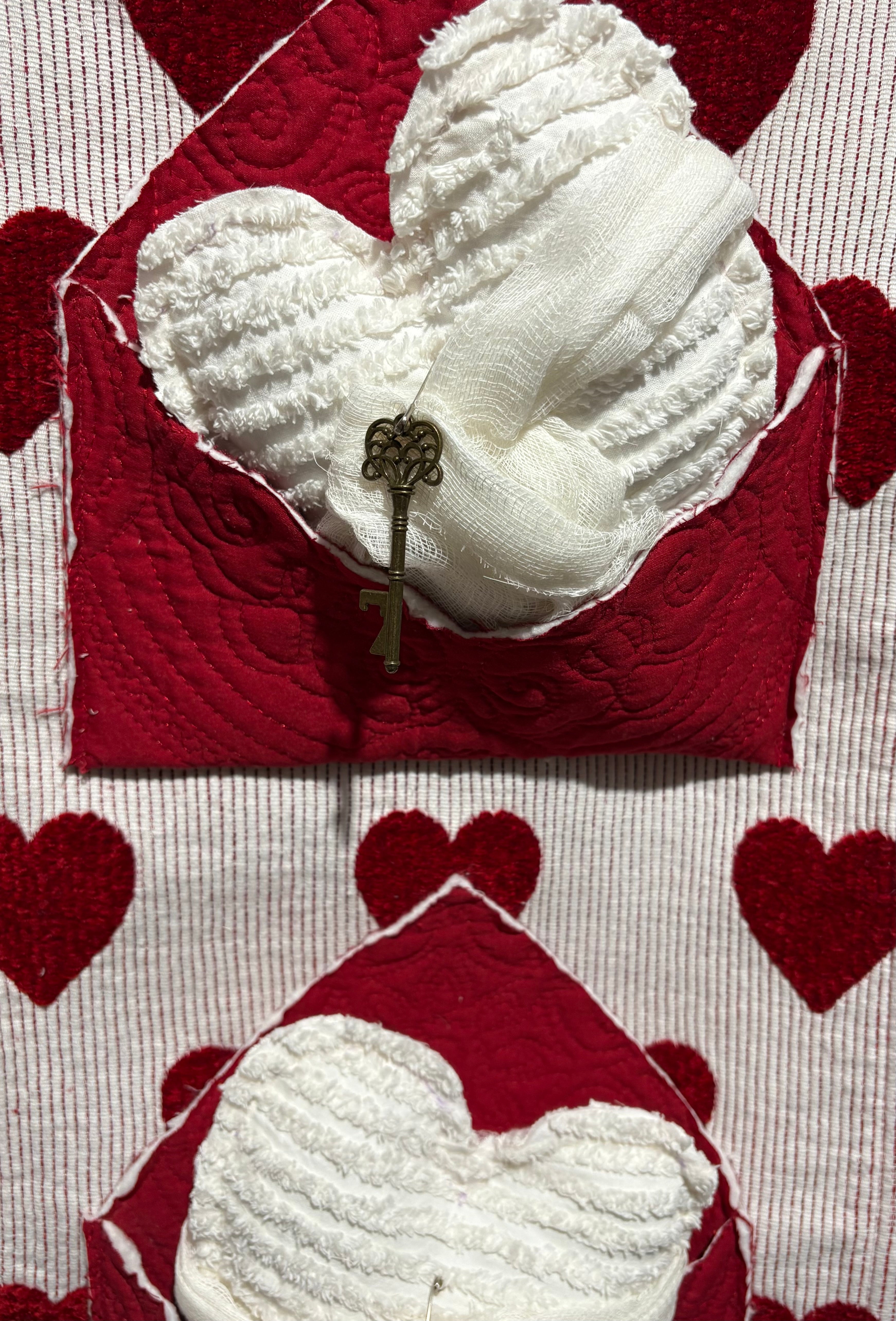 Valentines Fuzzy Hearts Repurposed Wall Banner 31” x 13.5”