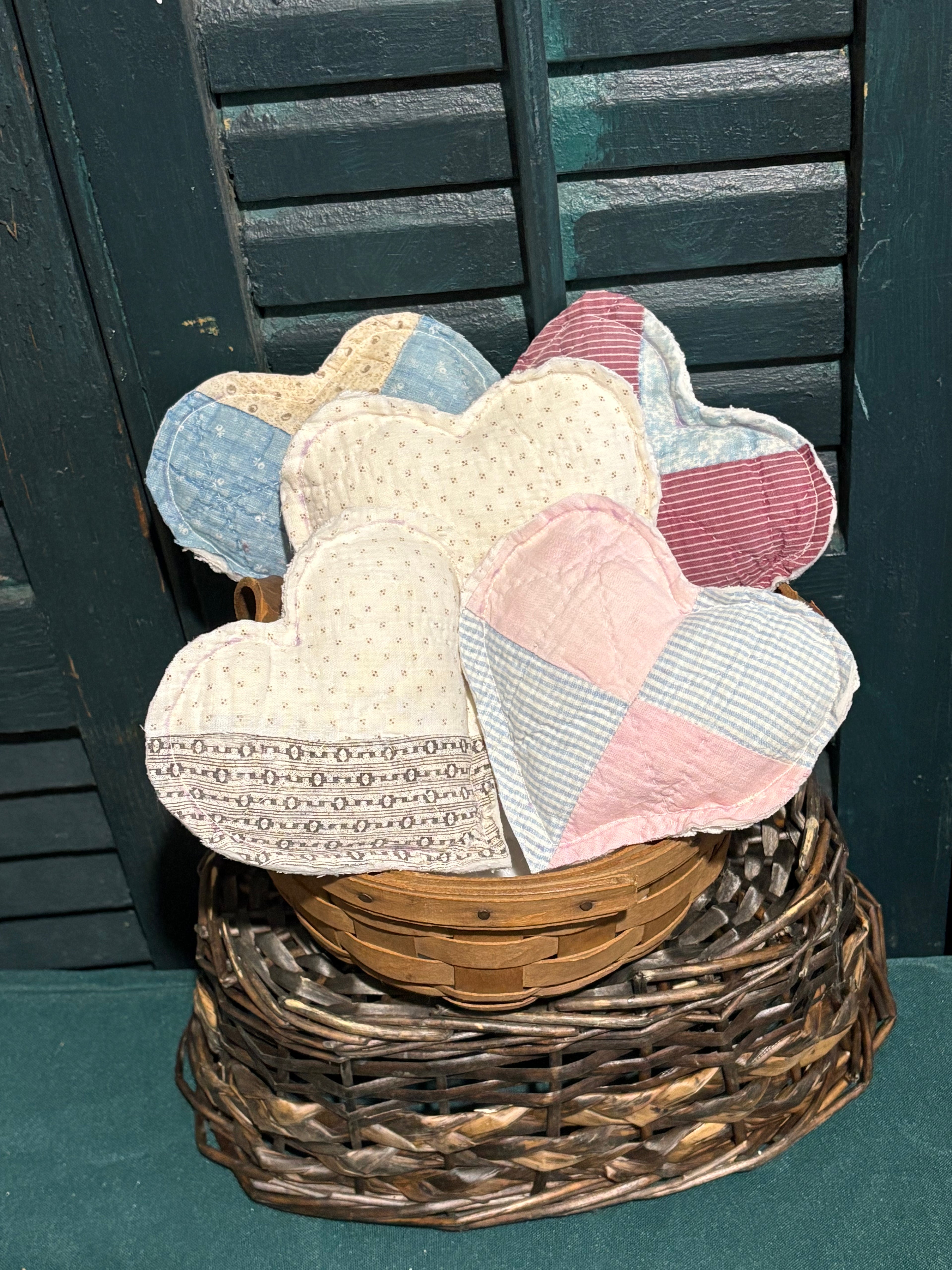 Set of 5 Quilt Handmade Valentines Repurposed Hearts 5” x 4”